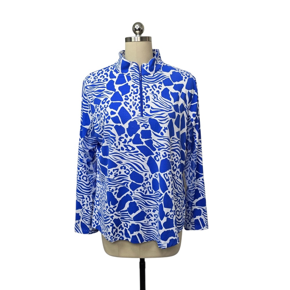 IBKÜL Womens XL Blue White Animal Print 1/4 Zip UPF 50+ Performance Pullover Top